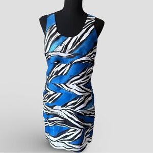 MICHAEL KORS Blue Black White Ruffled Zebra Stripe Sleeveless Dress